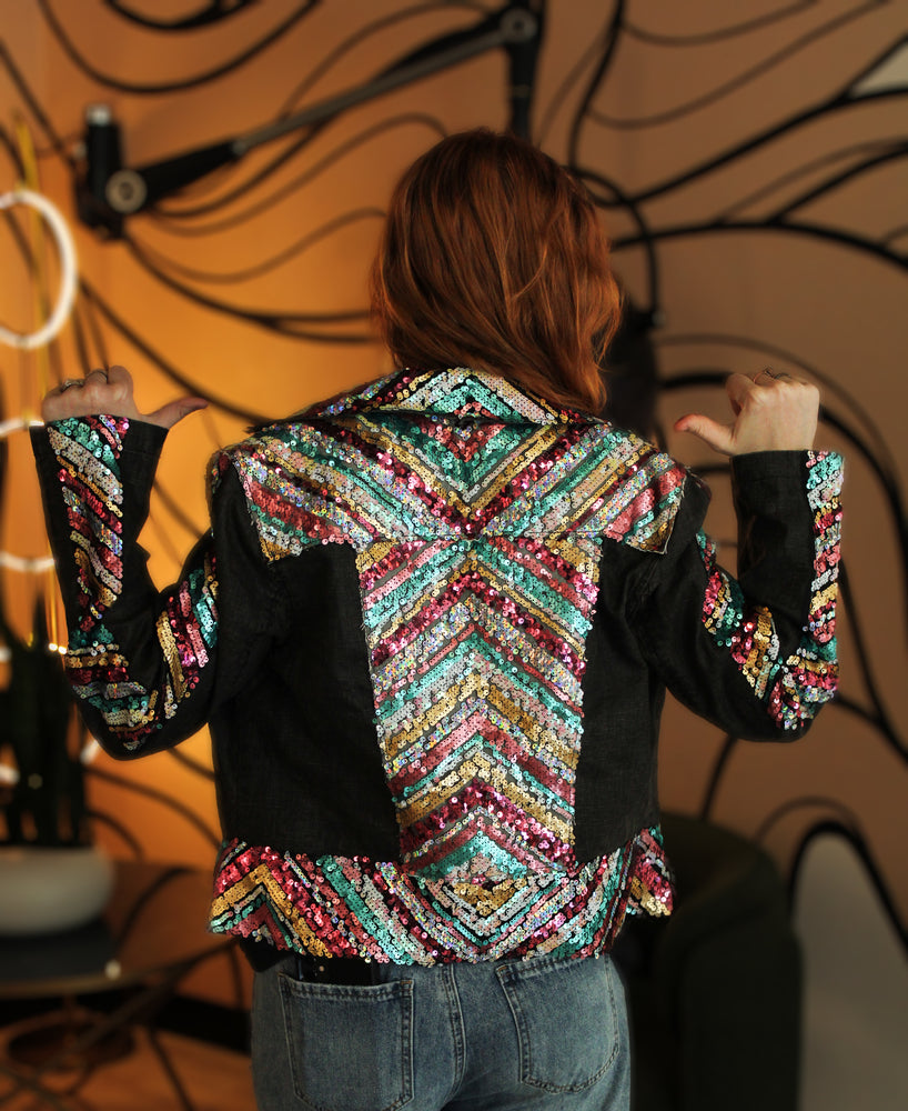 "Scenic Sequins" V-Spoke Sequin Denim Jacket