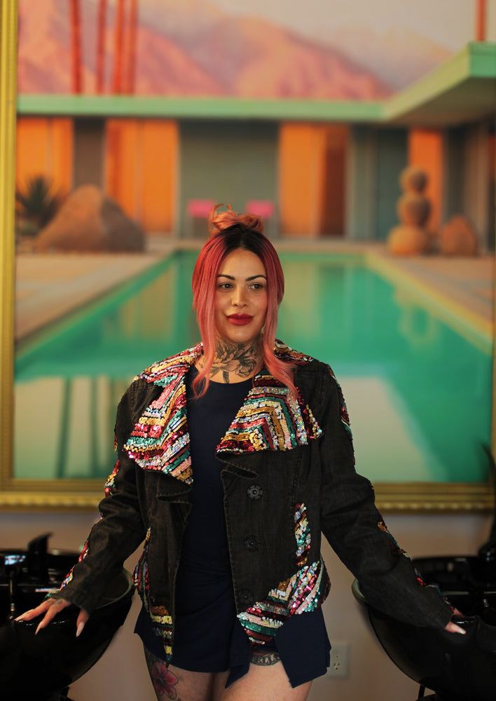 "Scenic Sequins" V-Spoke Sequin Denim Jacket
